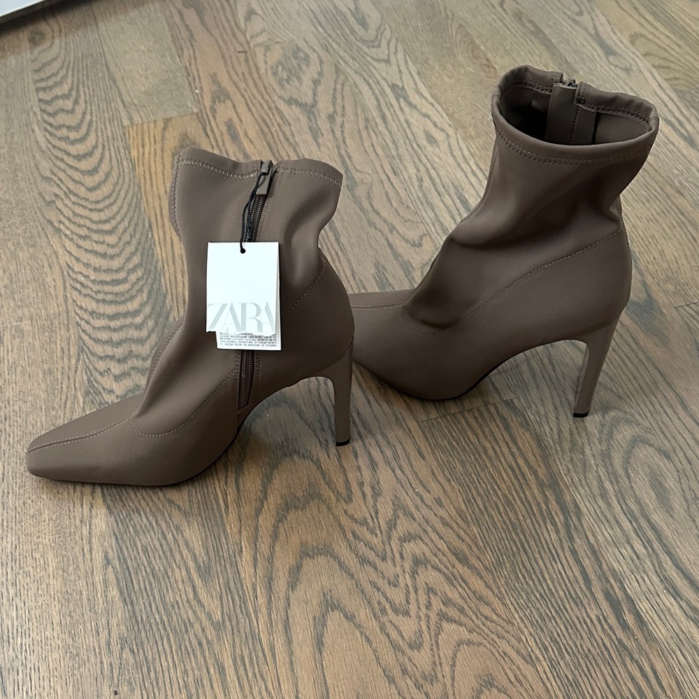 ZARA Taupe Stretch Sock Ankle Boots with Stiletto Heel